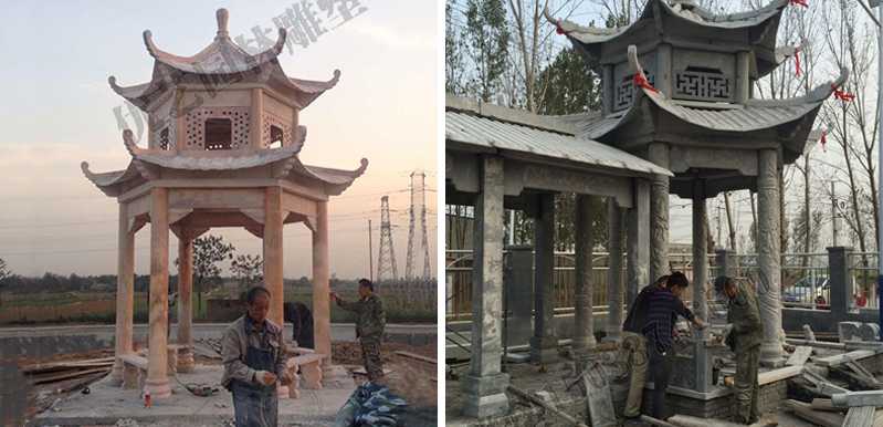 中式大理石涼亭安裝，石雕景觀亭子工廠，中式涼亭廠家